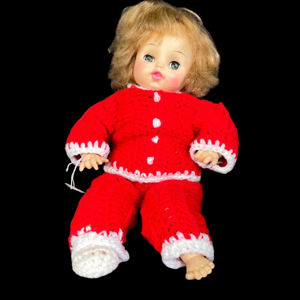 Vintage Horsman Doll 14" 1969 Cloth Body Hard Plastic Sleep Eyes Crochet Outfit